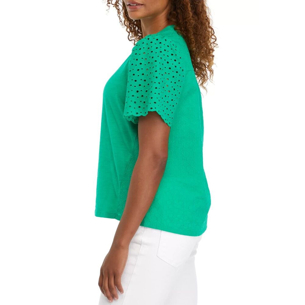 Women's Crown & Ivy Green Eyelet Puff Sleeve Knit Top EUC | Sz L - Picture 4 of 6